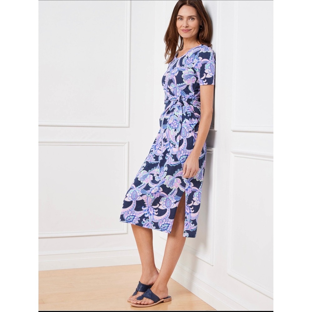Talbots Nantucket Slub Knit Paisley Dress Womens L Navy Purple Side Tie Midi